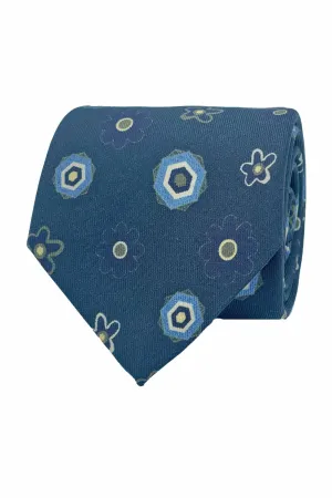 TOKYO - Blue floral and geometric diamonds design printed silk hand made tie