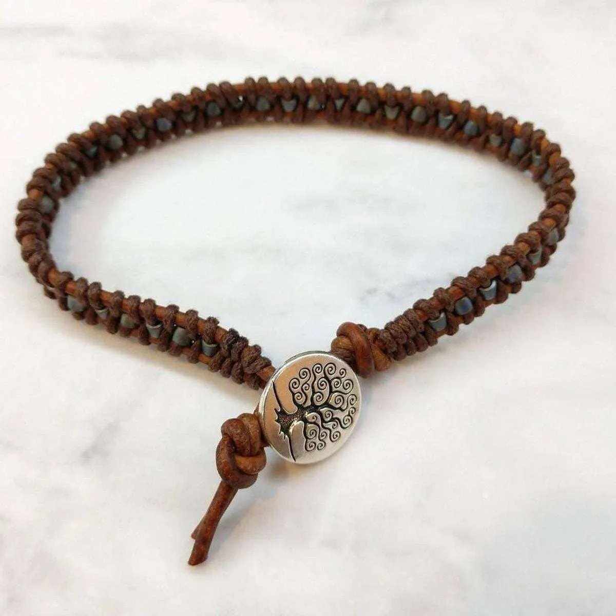 Tree of Life Button Brown Gray Leather Wrap Seed Bead Bracelet