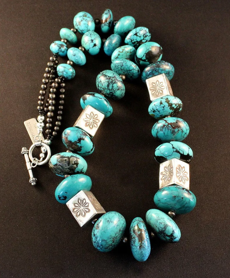 Turquoise Graduated Rondelle Bead Necklace with 15-by-19mm Sterling Silver Box Beads and Smoke-Colored Pearls