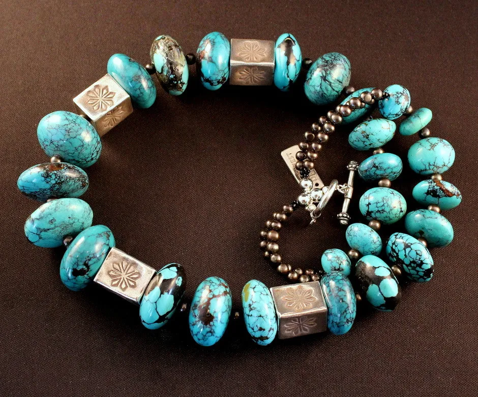 Turquoise Graduated Rondelle Bead Necklace with 15-by-19mm Sterling Silver Box Beads and Smoke-Colored Pearls