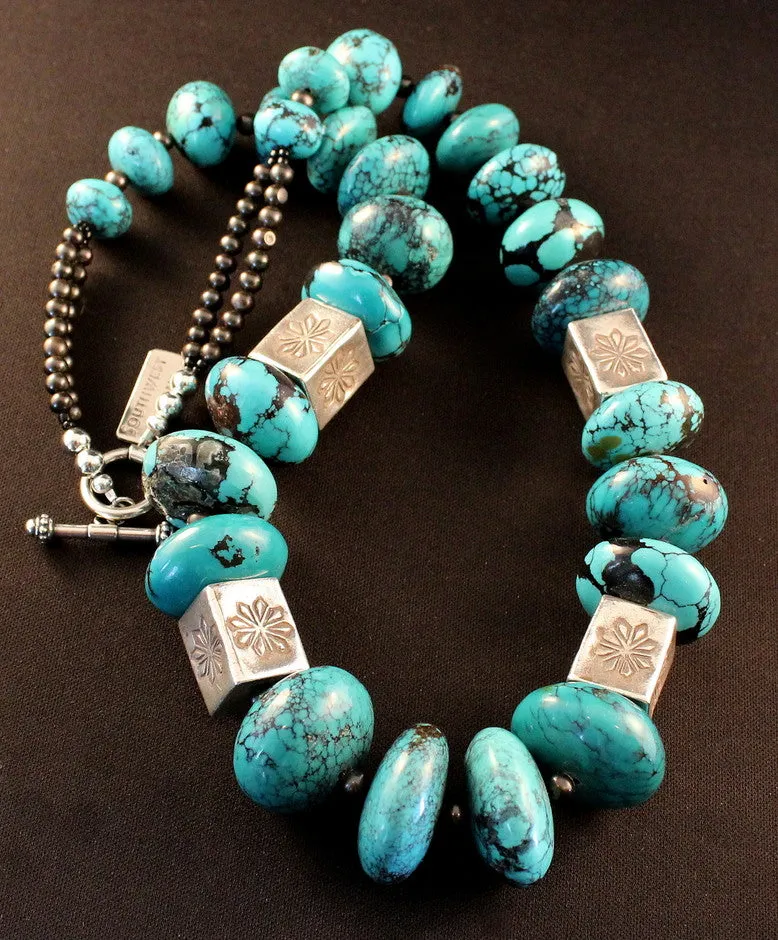 Turquoise Graduated Rondelle Bead Necklace with 15-by-19mm Sterling Silver Box Beads and Smoke-Colored Pearls