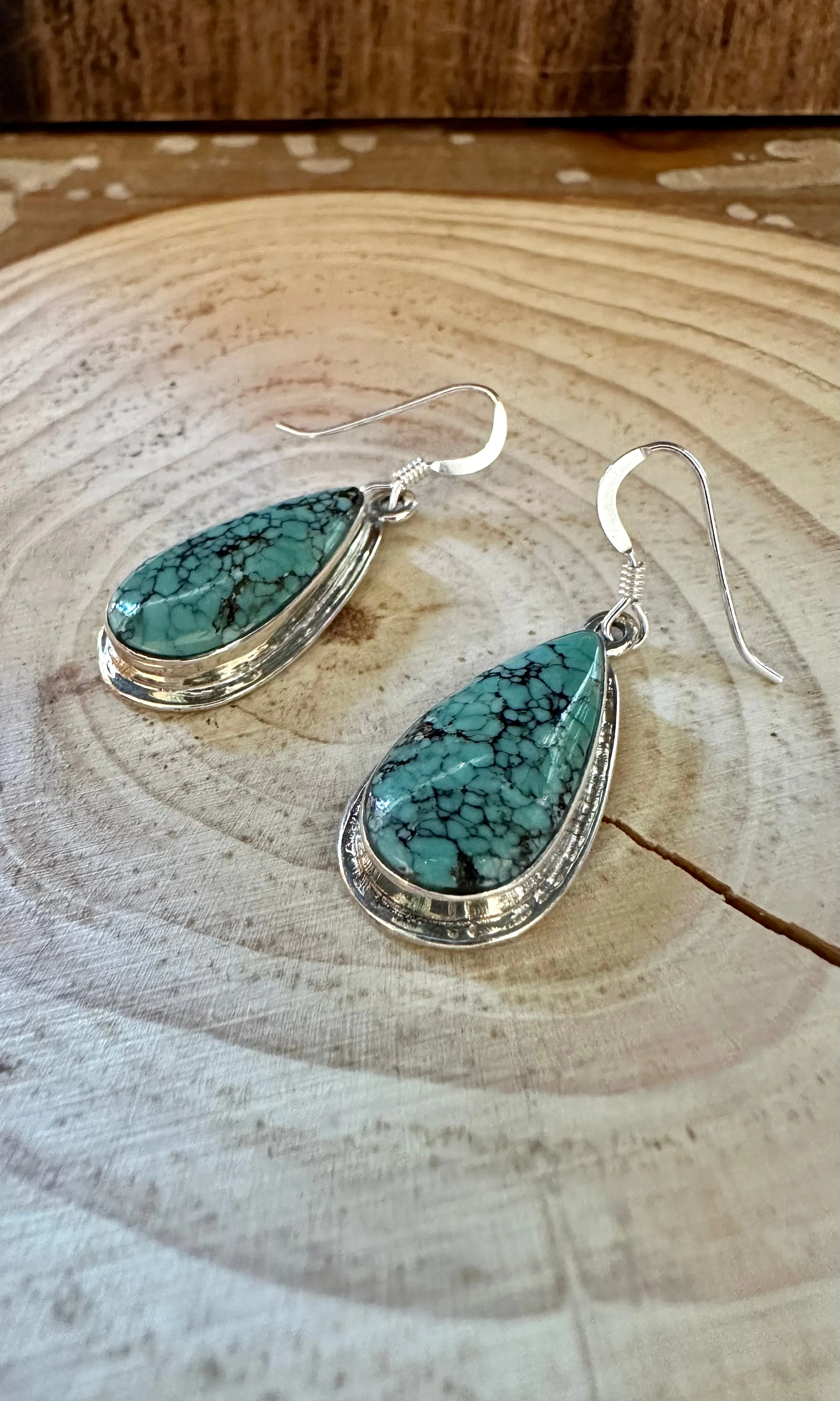 TURQUOISE TEARDROPS Navajo Sterling Silver Earrings Hallmark J