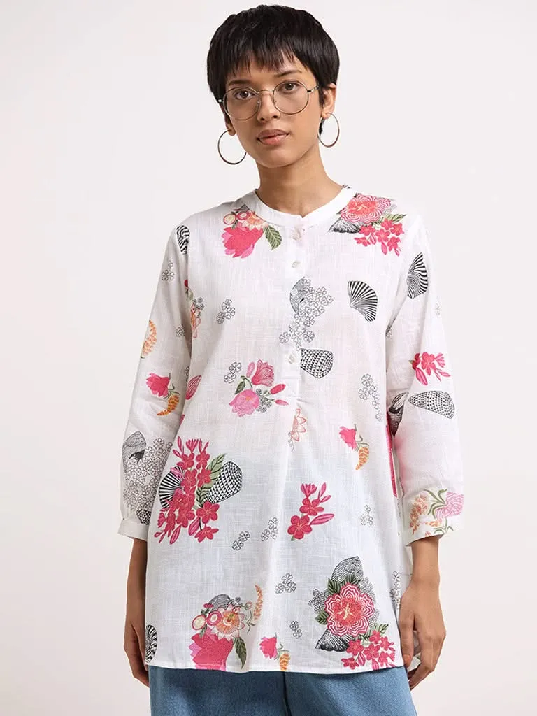 Utsa White Floral-Print Cotton Kurti