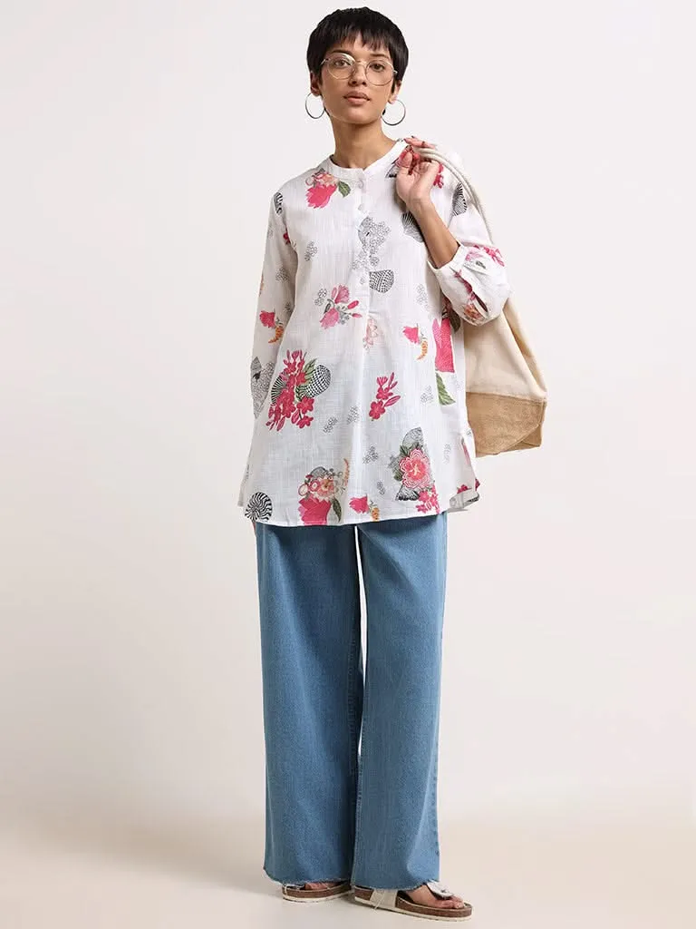 Utsa White Floral-Print Cotton Kurti