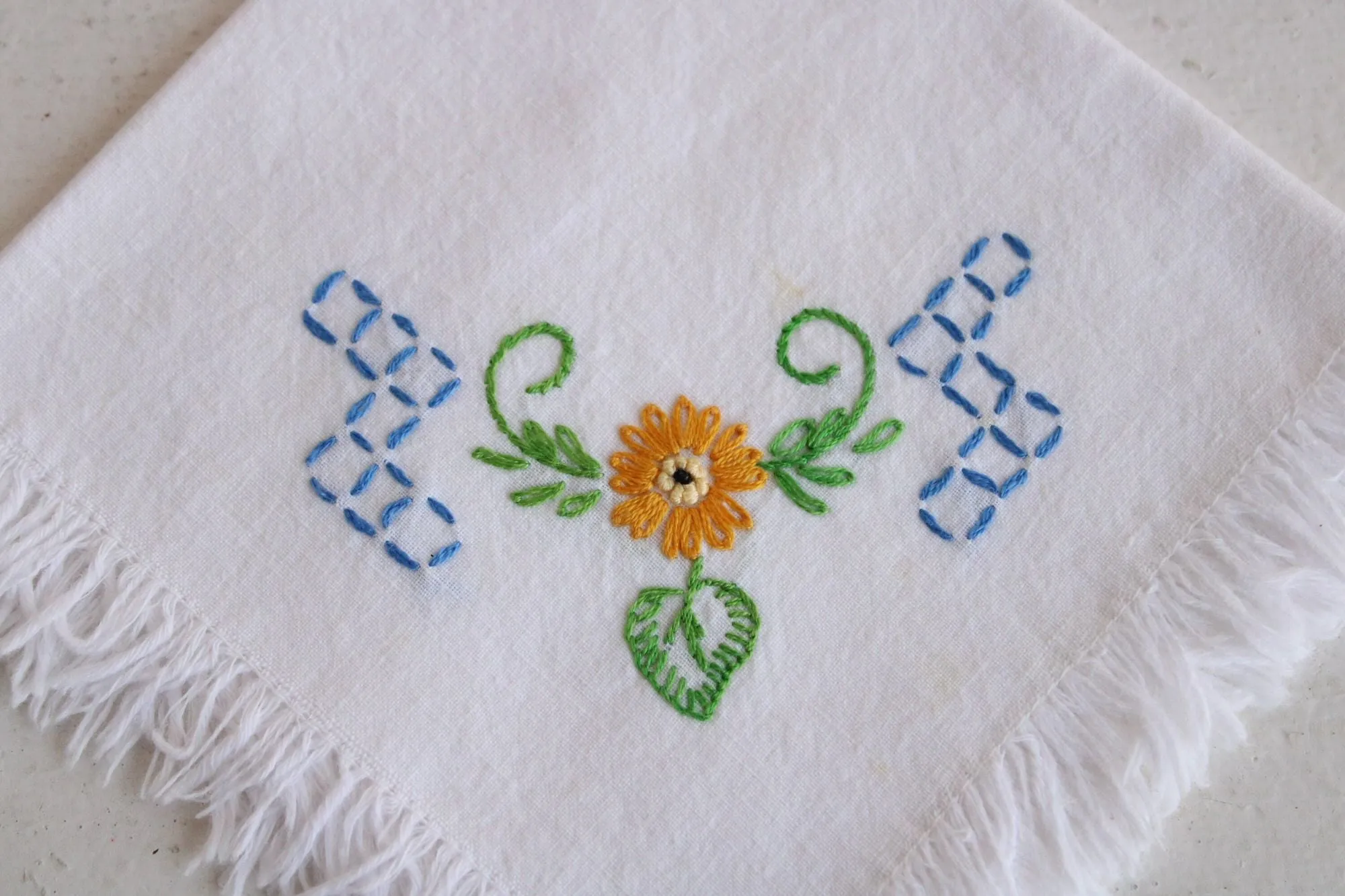 Vintage 1960s 1970s White Cotton With Embroidered Flowers and Fringe Hankie