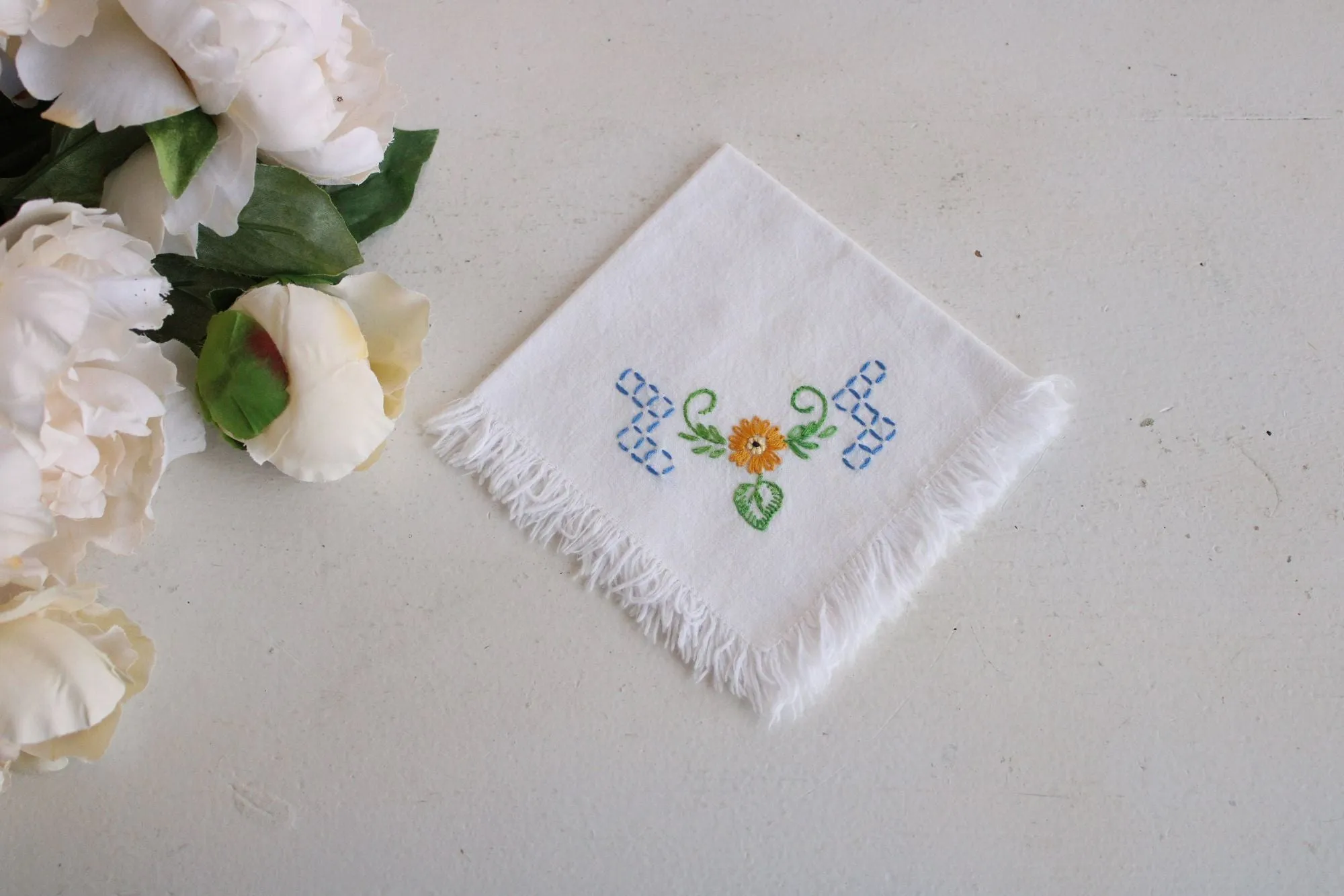 Vintage 1960s 1970s White Cotton With Embroidered Flowers and Fringe Hankie