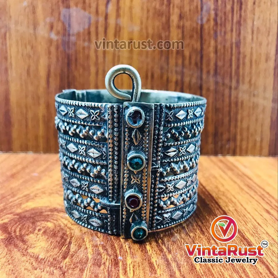 Vintage Gypsy Cuff Bracelet Inlaid With Glass Stones