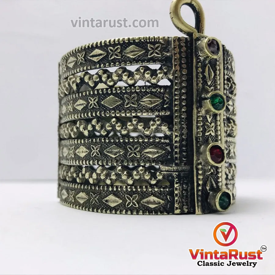 Vintage Gypsy Cuff Bracelet Inlaid With Glass Stones