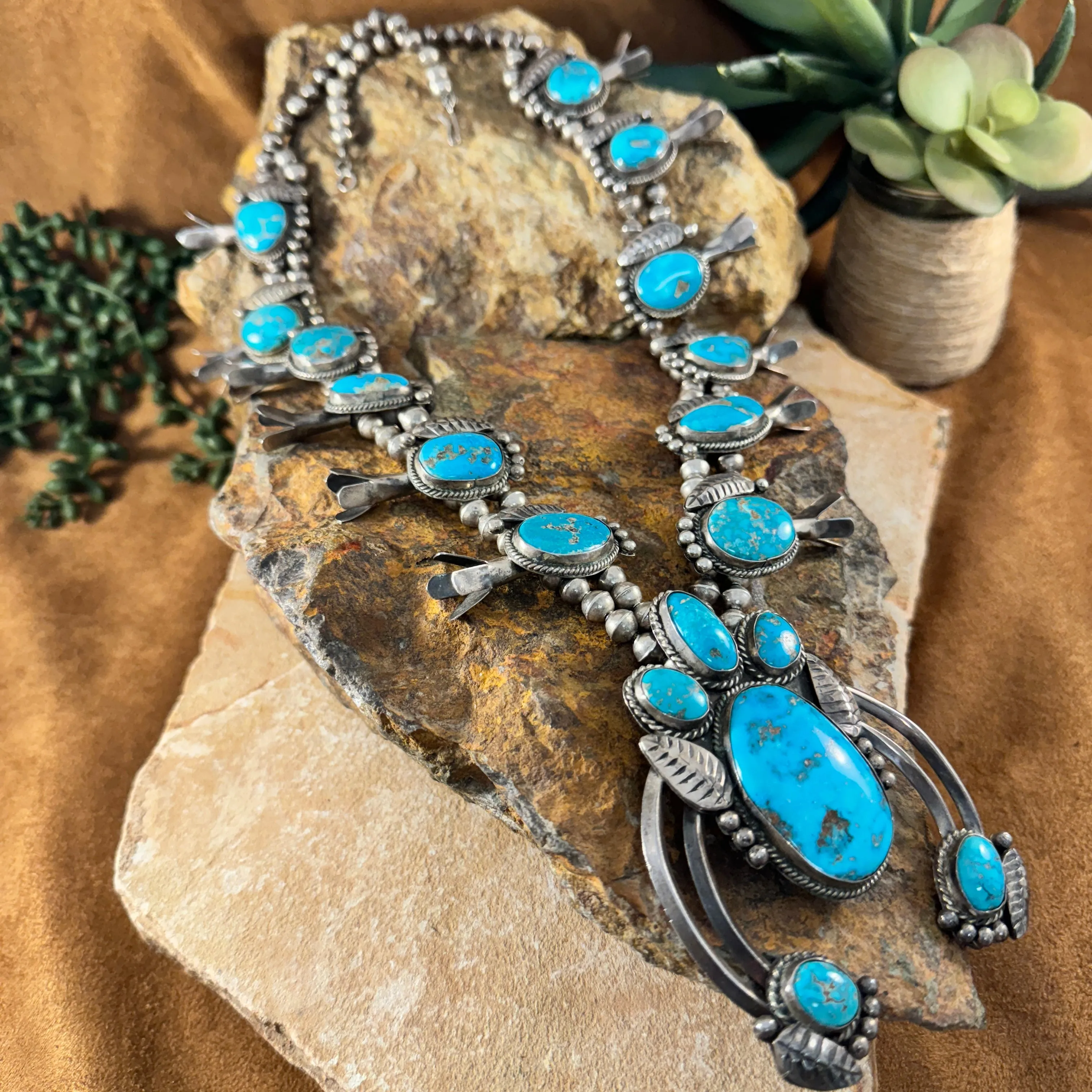 Vintage Navajo Turquoise Silver Squash Blossom Necklace -- Estate Jewelry