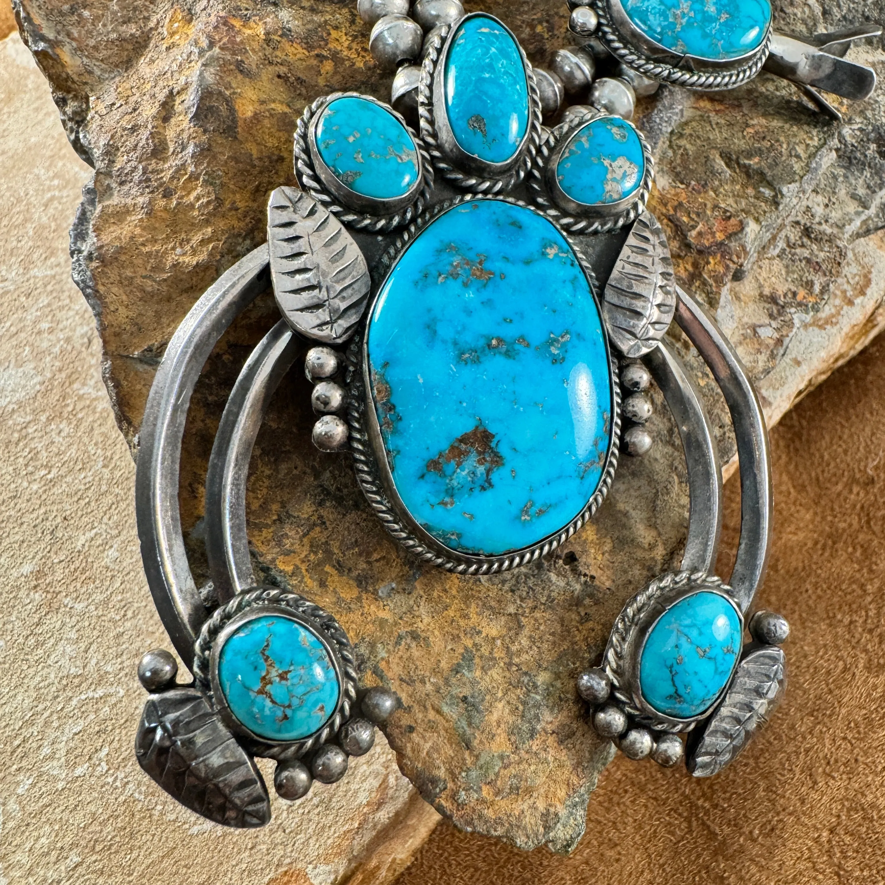 Vintage Navajo Turquoise Silver Squash Blossom Necklace -- Estate Jewelry