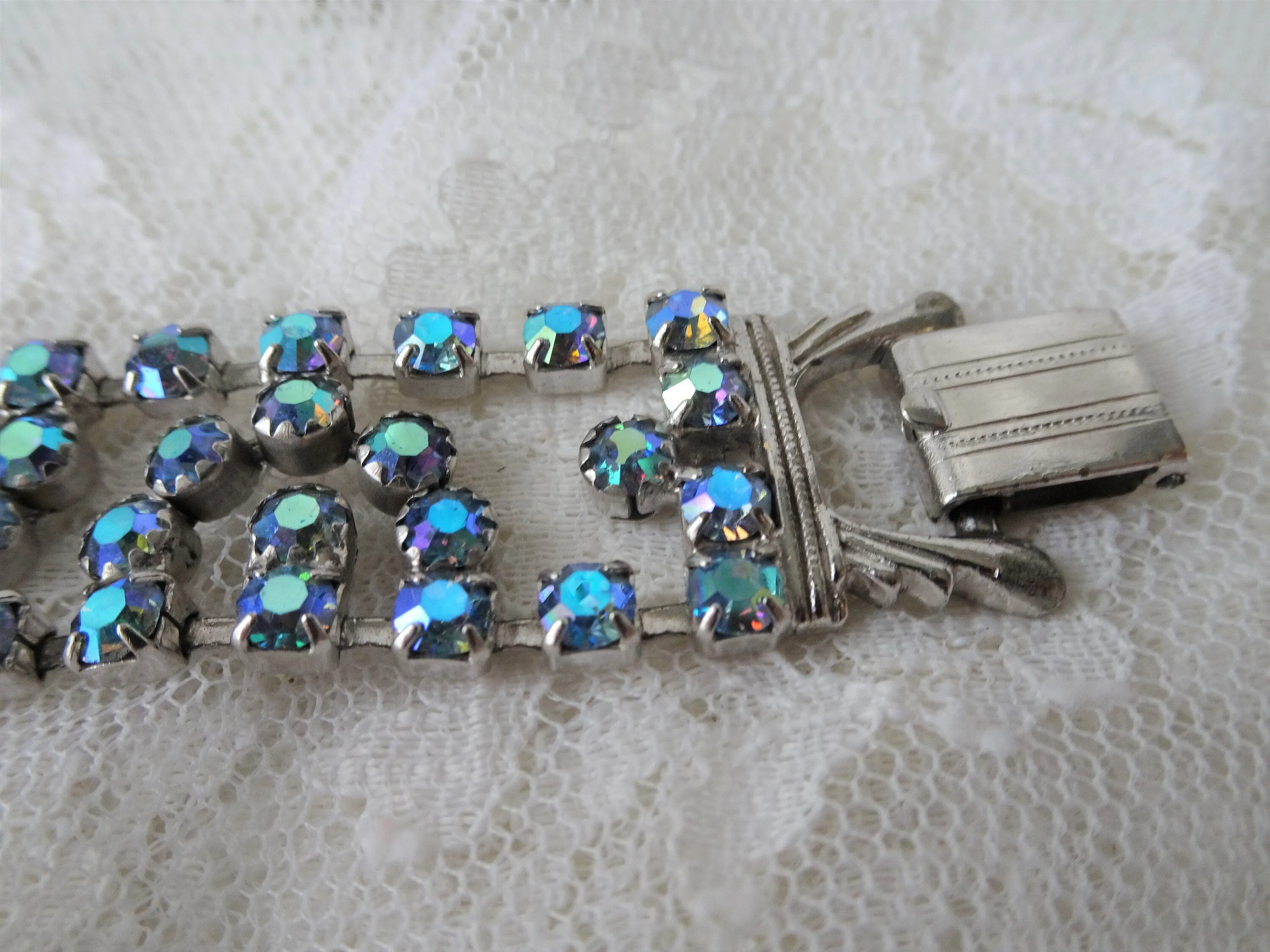 Vintage SPARKLING 4 Row Bracelet,Prong Set,BLUE Brilliant AB Glass Rhinestones,Dazzling Blue Crystal Stones,Collectible Mid Century Jewelry