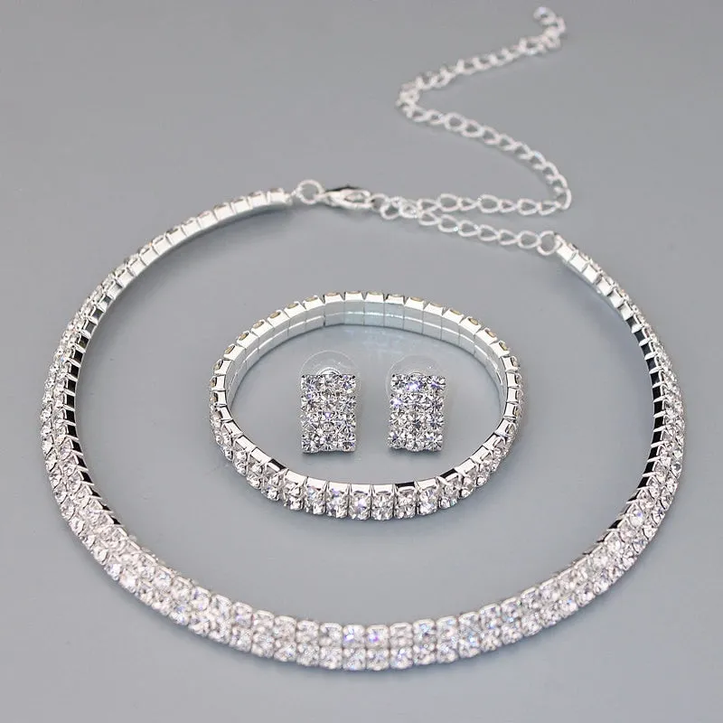 Wedding Jewelry Classic Two Row Jewelry Set for Bride with Rhinestones