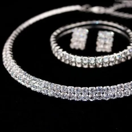 Wedding Jewelry Classic Two Row Jewelry Set for Bride with Rhinestones