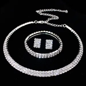 Wedding Jewelry Classic Two Row Jewelry Set for Bride with Rhinestones