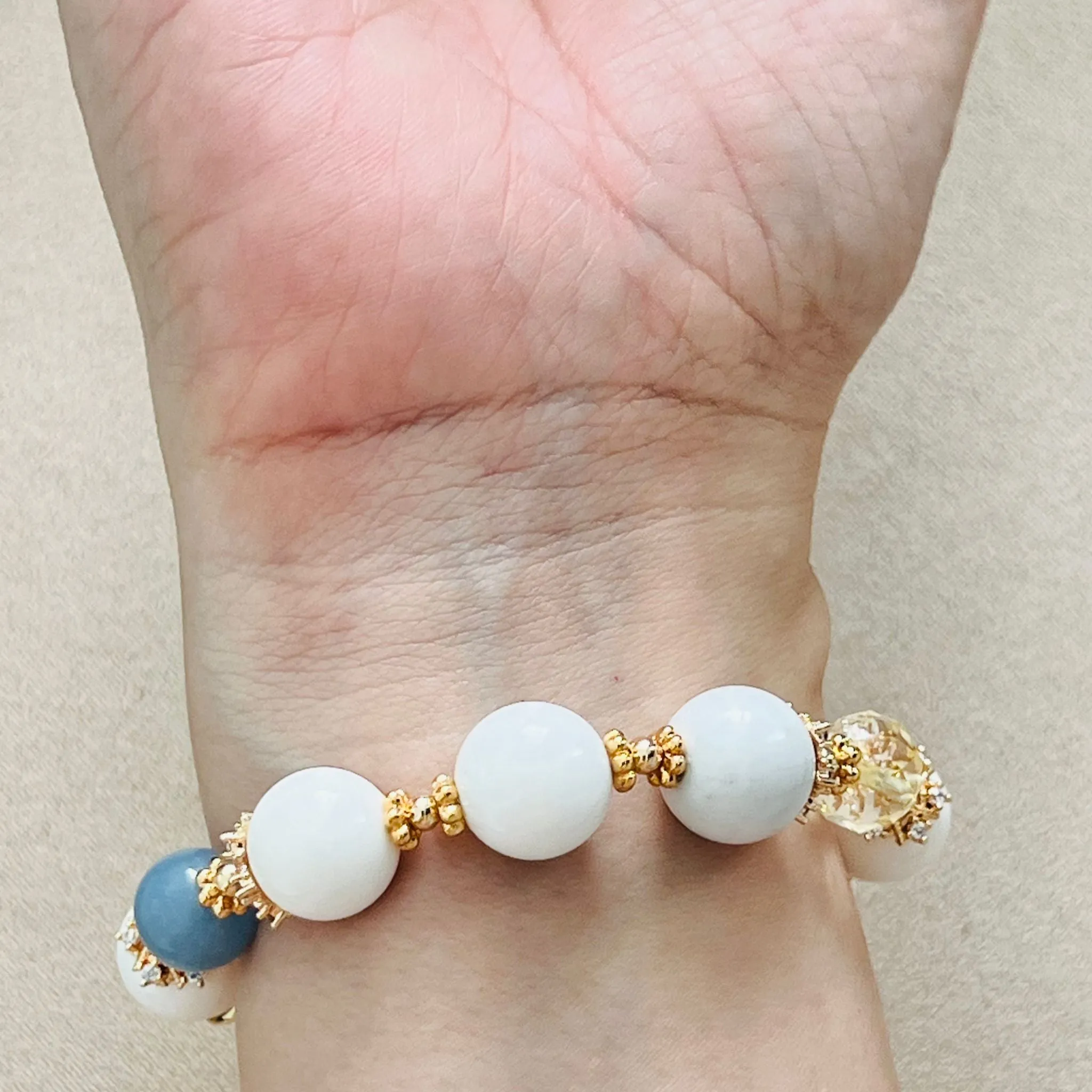 White Coral, Blue Angelite, Citrine & Madagascar Rose Quartz Bracelet