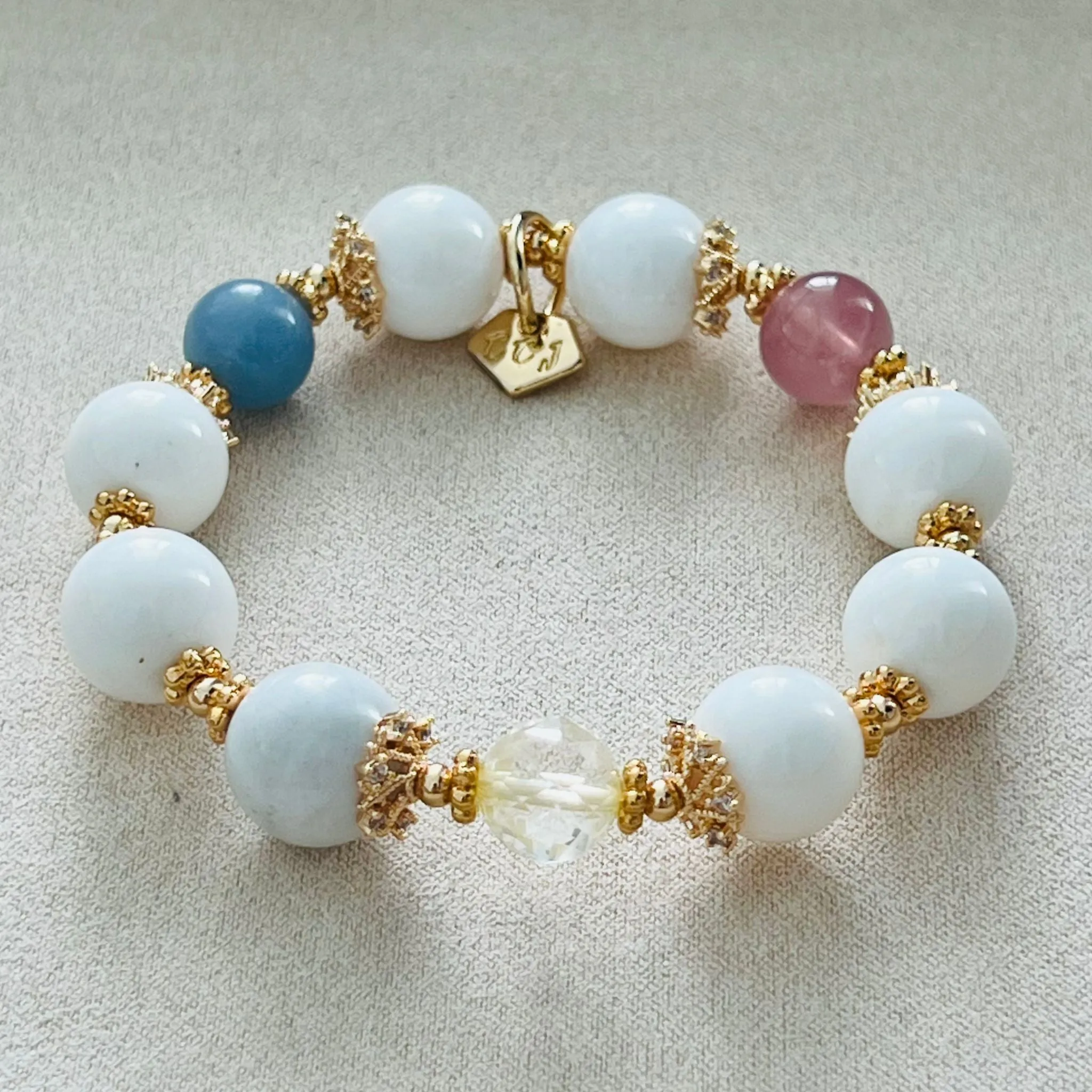 White Coral, Blue Angelite, Citrine & Madagascar Rose Quartz Bracelet