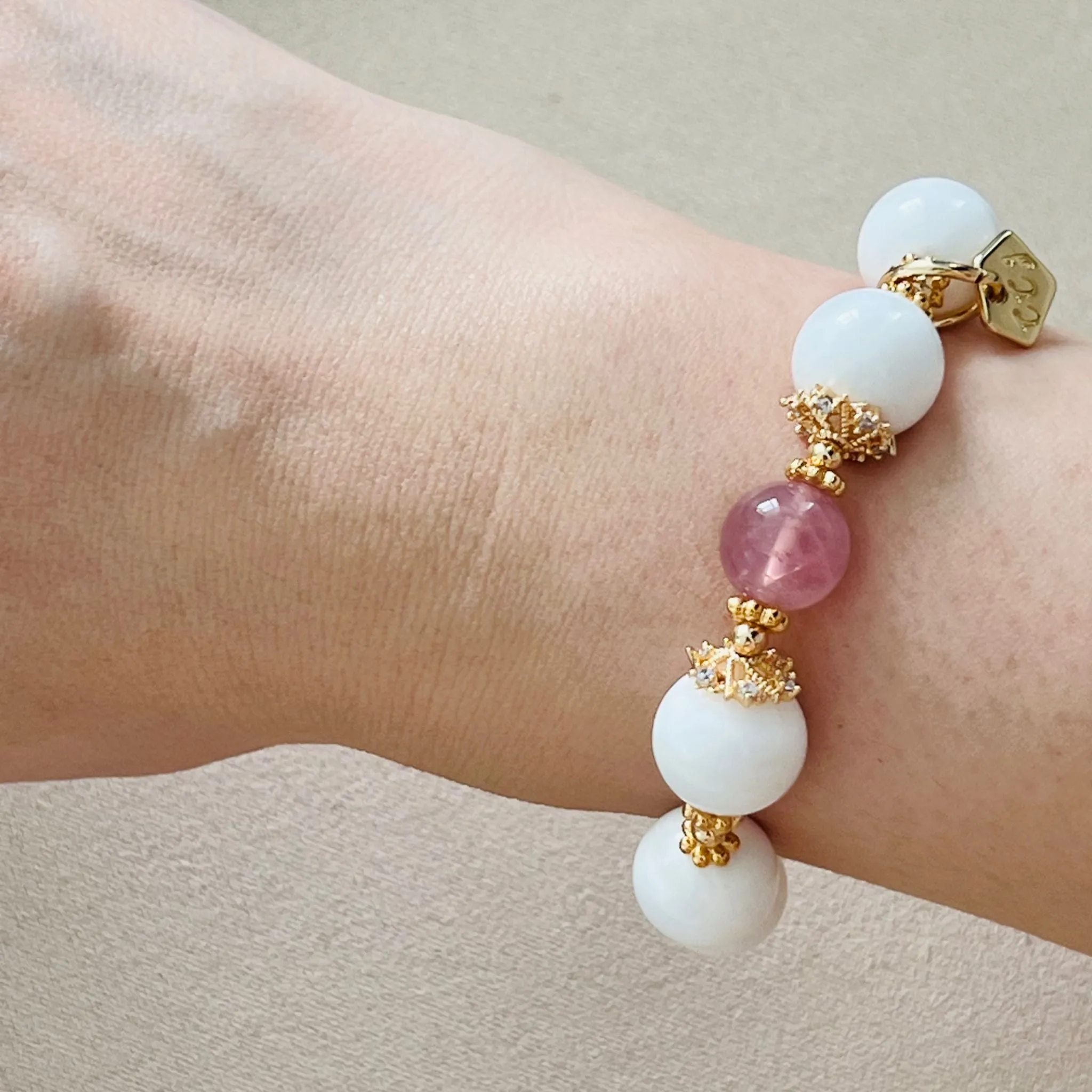 White Coral, Blue Angelite, Citrine & Madagascar Rose Quartz Bracelet