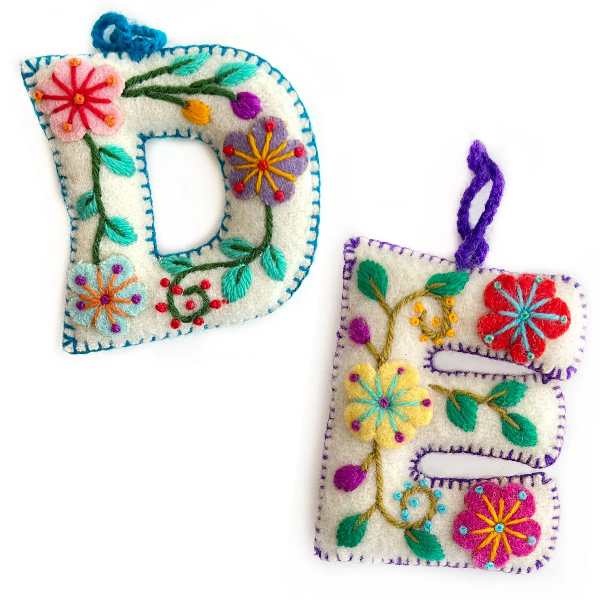 White Letter Ornament, Embroidered Wool