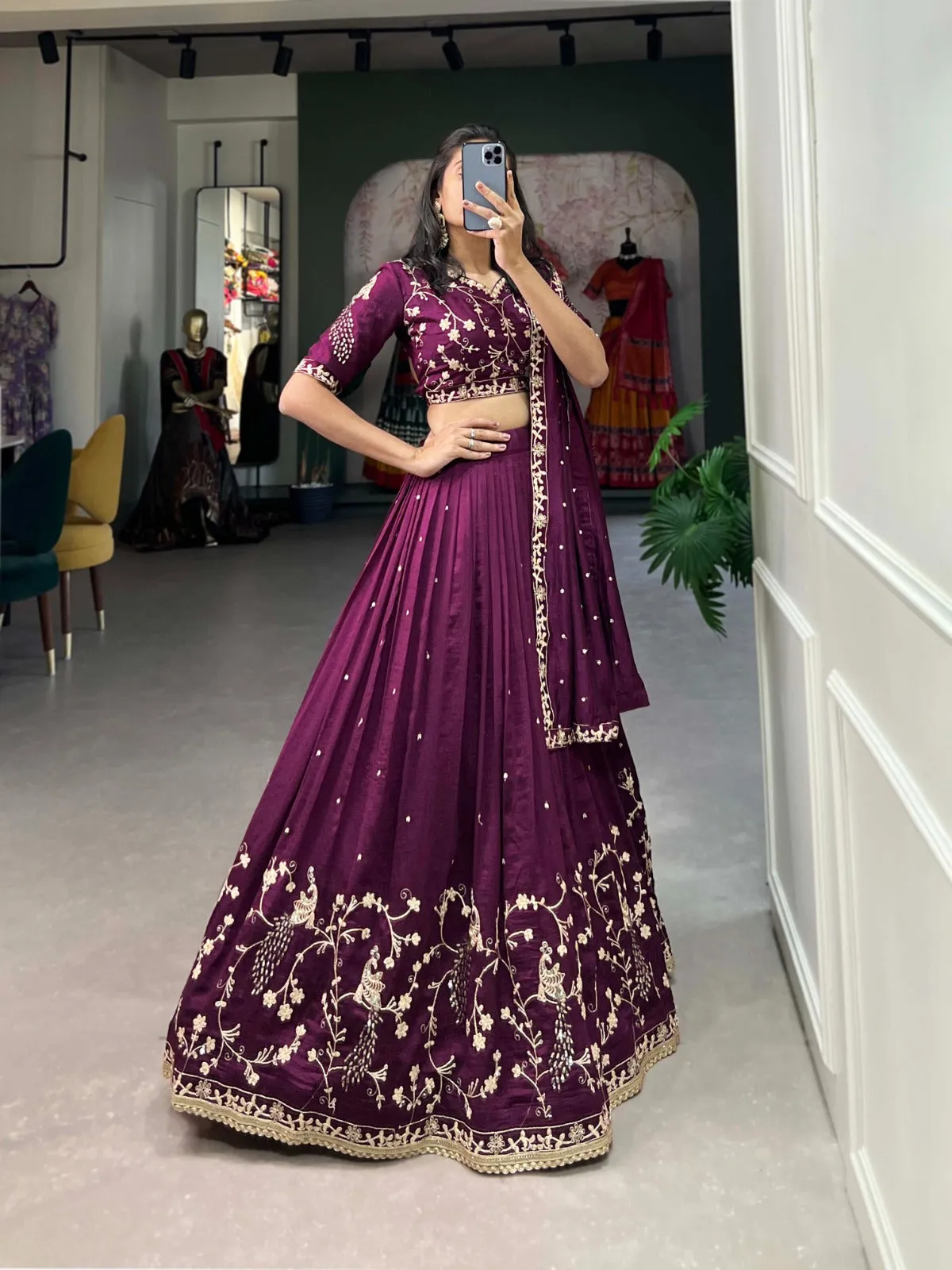 Wine Sequin Embroidered Vichitra Silk Lehenga Choli Set