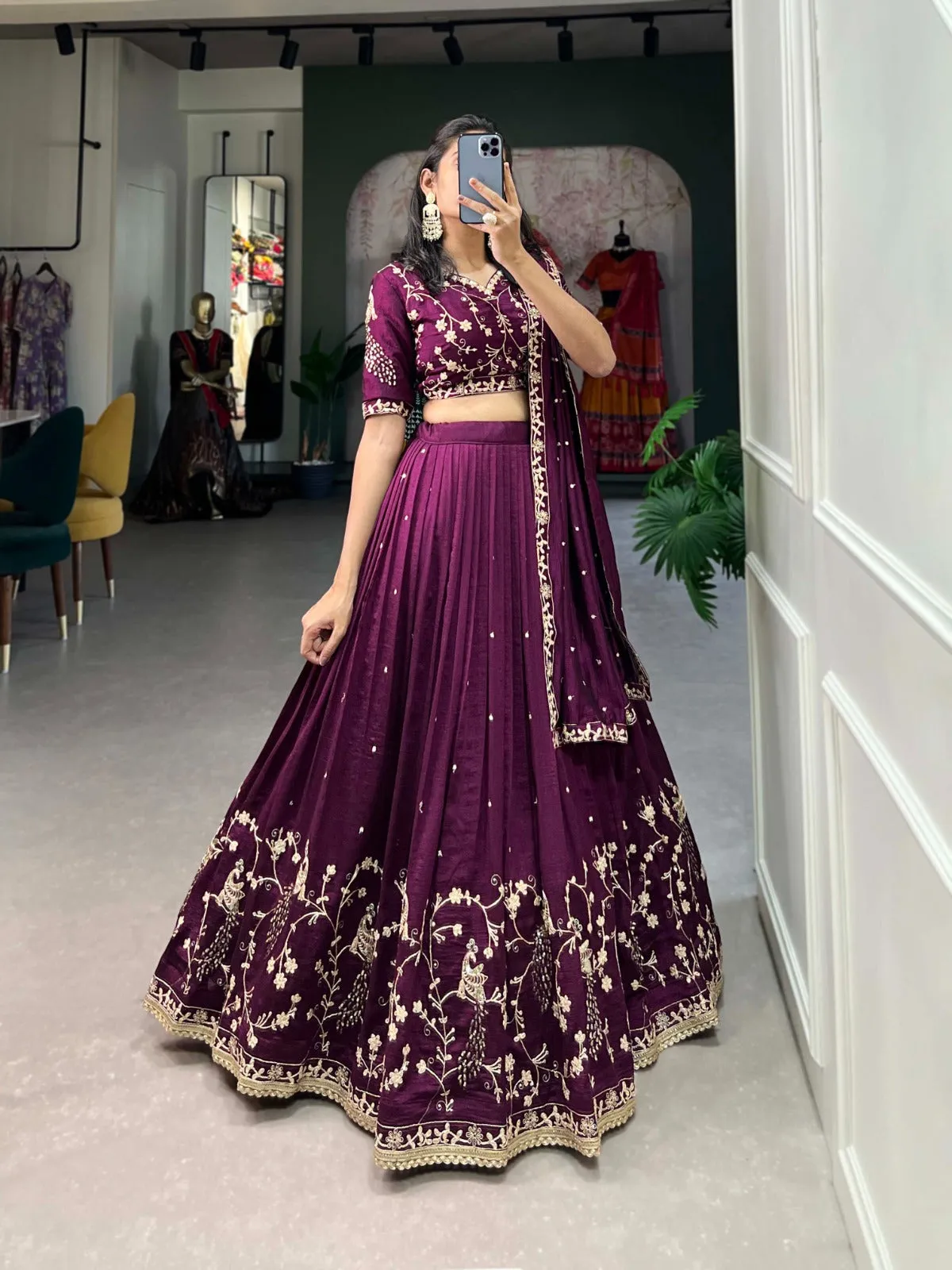 Wine Sequin Embroidered Vichitra Silk Lehenga Choli Set