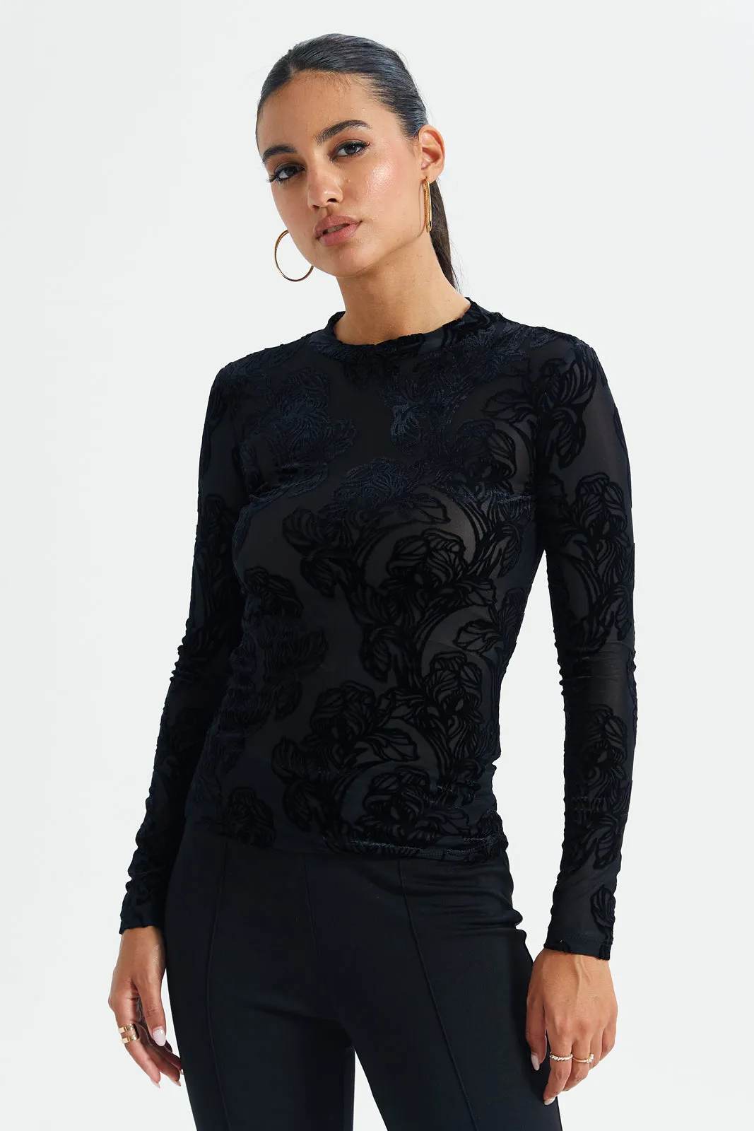 Women Black Velvet Burnt Out Top