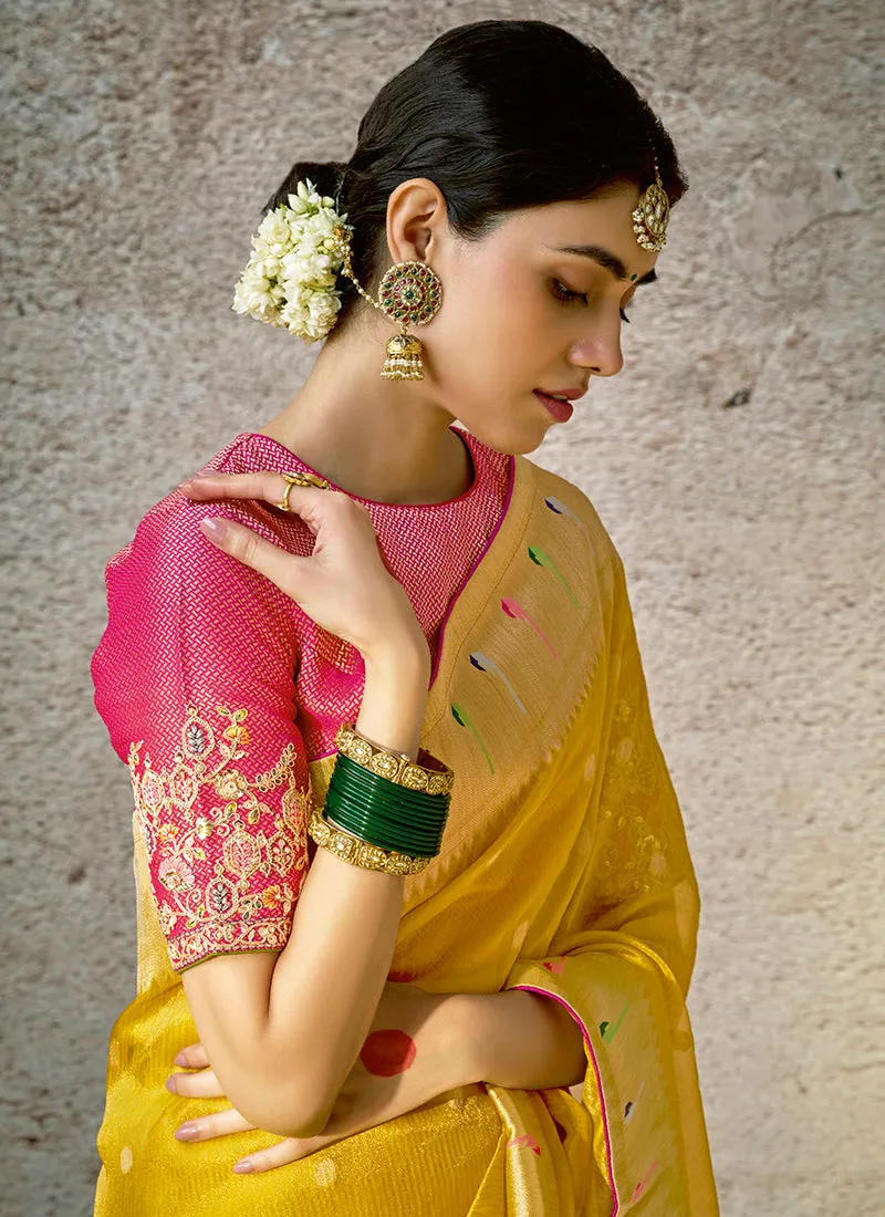 Yellow And Pink Floral Kora Banarasi Silk Saree