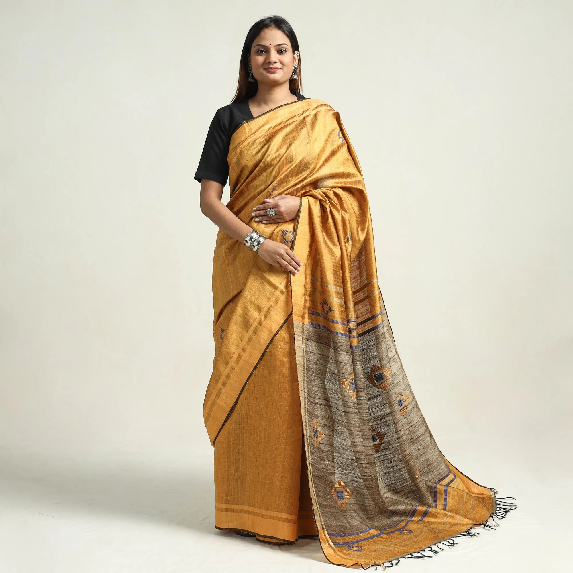 Yellow - Bhagalpuri Handloom Desi Tussar Silk Zari Border Saree