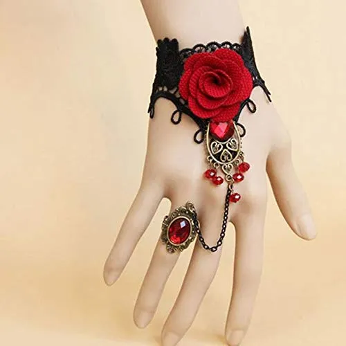 Yellow Chimes Designer Collection Gothic Red Black Rose Lace Hand Harness with Adjustable Finger Ring Charm Bracelet for Women and Girls