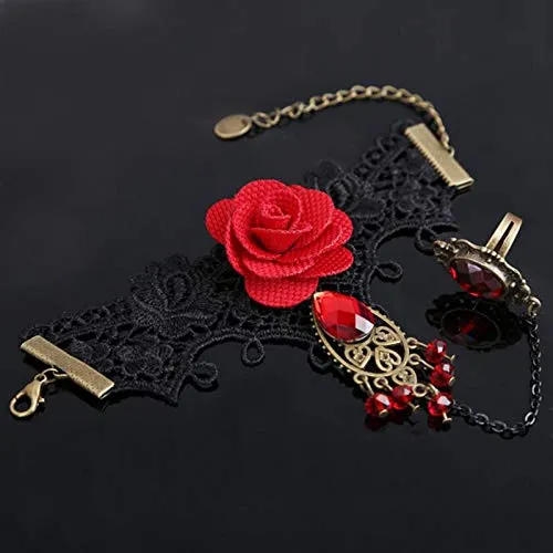 Yellow Chimes Designer Collection Gothic Red Black Rose Lace Hand Harness with Adjustable Finger Ring Charm Bracelet for Women and Girls